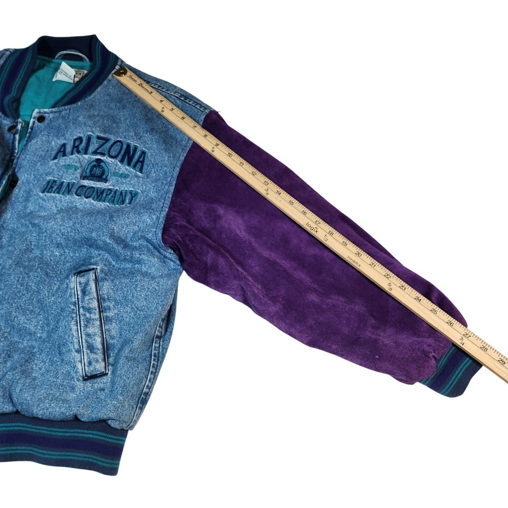 Vintage 90s Arizona Jean Company Denim Suede Bomber Jacket Purple Teal Medium‎ - Picture 12 of 13